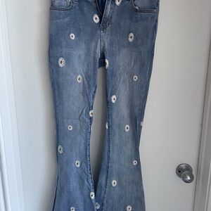 Blue Flare Jeans with Daisy Embroidery
